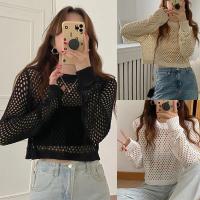 Top de punto para mujer, jerséis de malla holgados y transparentes sexis, Top básico de manga larga, suéter de talla grande para mujer - details 0