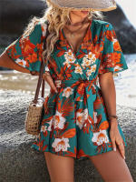 Estampado de mujer V Mono de manga corta y pantalones cortos ，Cinturón con cuello cruzado manga volantes estilo vacaciones playa - details 7
