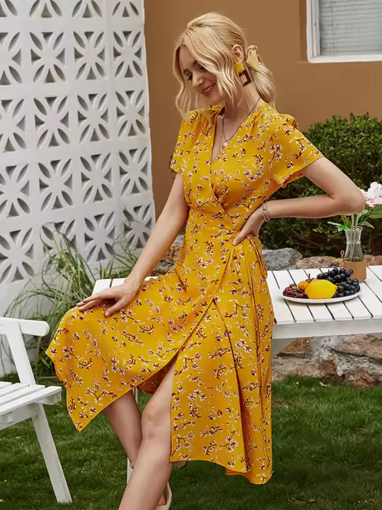 Nuevo 2025 verano estampado floral mujeres boho manga corta cuello pico dividido elegante una línea vestido de fiesta playa - 1