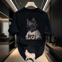 Camiseta Gráfica de Algodón para Hombres Negro Geométrico de Gato con Auriculares - details 5