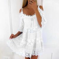 Mini vestido bordado Ence estilo veraniego suelto con diseño de hombros descubiertos para mujer - details 2