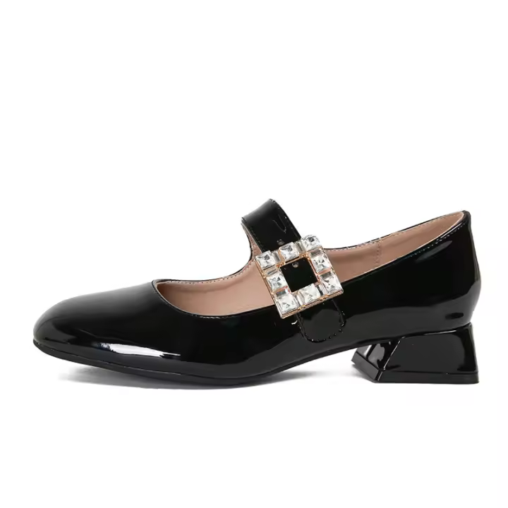 Nuevos zapatos de tacón grueso con diamantes de imitación y hebilla de una palabra - 1
