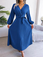 CDM Women Elegant V Neck Long Sleeve Pleated Maxi Dress - details 19