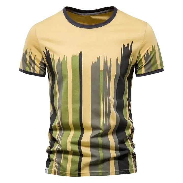 Camiseta de manga corta para hombre, nueva, gruesa, de algodón puro, con rayas verticales, informal, de media manga. - 1