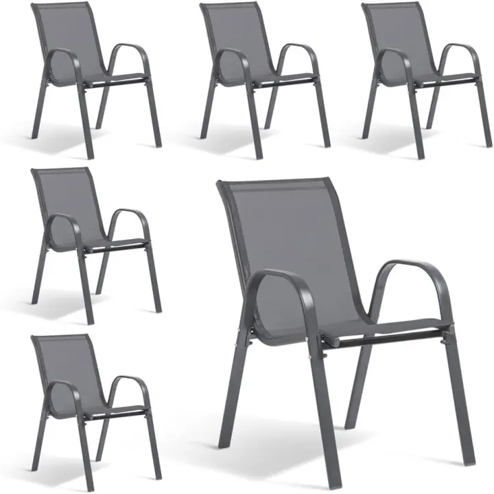 Sillas de Jardín, Lote de 6 - Sillas Apilables - Negras, de Textileno de Alta Densidad para Exterior - Cómodas y de Diseño - 1