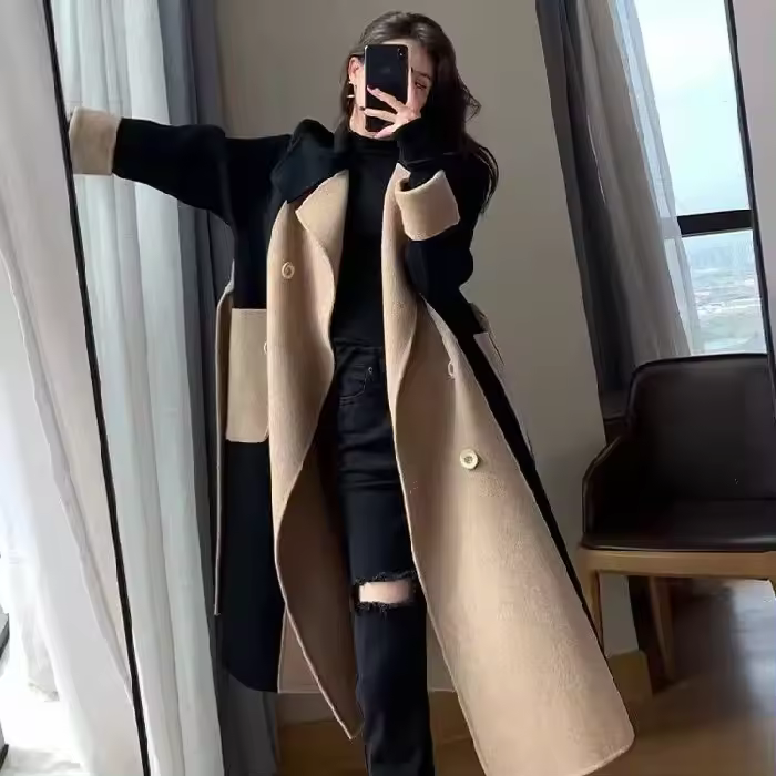 Abrigo largo de lana para mujer, abrigo de talla grande, color contrastante, estilo fragante pequeño, otoño e invierno, novedad de 2024 - 1