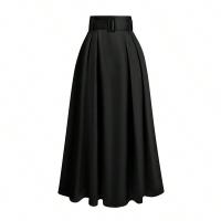 Falda Maxi Plisada De Cintura Alta Negra Con Diseño De Cierre Estilo Coreano Elástica Leve Material Poliéster Y Spandex - details 1