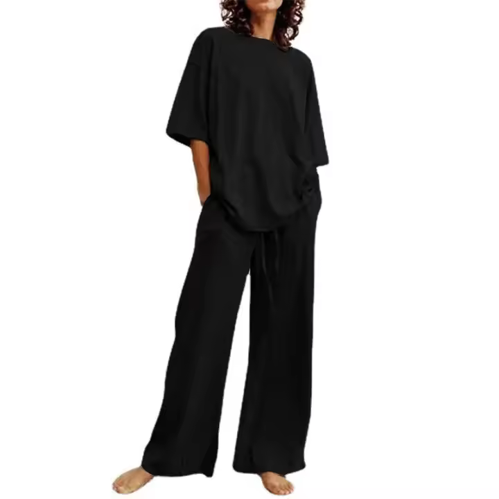 Conjunto de dos piezas con bolsillo y cinturón informal para mujer, Top de media manga con cuello redondo y pantalones de pierna ancha con tirantes, - 1