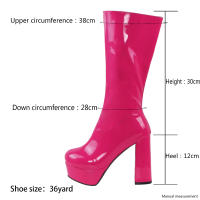 Botas de longitud media para mujer, con plataforma impermeable, tacón grueso, cremallera lateral, botas de moda de charol, Otoño/Invierno 2025 - details 1