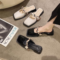 Francés grueso tacón bolsa cabeza zapatillas mujer verano desgaste 2025 nuevo tacón medio cabeza cuadrada media arrastre con falda perezoso muller zapatos - details 4