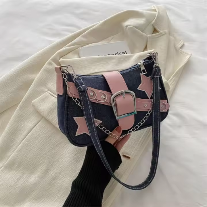 Bolso retro Y2k para mujer, bolso de mano con patrón de estrella, bolso de hombro de estilo coreano, bolso de mano vaquero con cadena - 1
