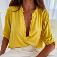 Verano Color Sólido, Cuello En V Levantado, Mangas Cortas, Botones, Camisa Casual, Blusa De Media Alfombra para Mujer Con Corte 3D - details 7