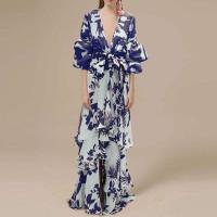 Vestido Bohemio Irregular con Cintura Empacada Cuello en V Profundo, Manga de Farol, Largo con Lazo de Moda para Mujeres - details 4