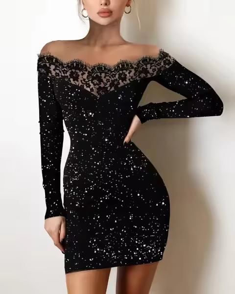 Elegante vestido de mujer primavera 2024 de manga larga con encaje, un solo hombro y caca plateada - 1