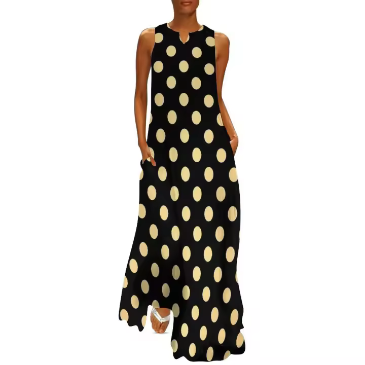 Falda de lunares y amarilla de discoteca, moda urbana, falda larga bohemia, diseño con escote en V, talla grande - 1