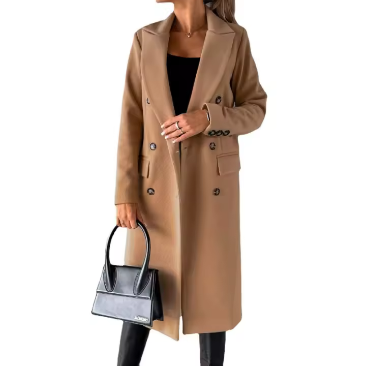 Abrigo De Mujer De Punto De Lana Con Cuello En V Y Botones Dobles De Color Sólido Largo De Manga Para Otoño/Invierno - 1