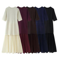 TRAFZA-vestido largo Vintage de manga corta con cremallera trasera para mujer, vestido plisado de punto con cuello redondo, decoración de empalme, primavera 2025 - details 1