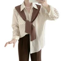Camisa de mujer de dos piezas falsa estilo Maillard de otoño, chal tejido marrón, camisa con Raya Vertical en la espalda, blusa, camisa de mujer de estilo francés - details 12