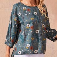 Camisa informal de talla grande para mujer, top holgado con manga acampanada y cuello redondo con estampado floral, top informal de oficina para mujer - details 1