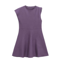 High Street Women Burgund Skater Knit Mini Dresses Round Neck Asymmetric Sleeve With Pleats A-line Dress Spring 2025 Vestidos - details 2