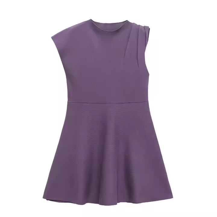 Vestidos cortos de punto estilo patinadora para mujer, cuello redondo, manga asimétrica con pliegues, línea A, primavera 2025 - 1