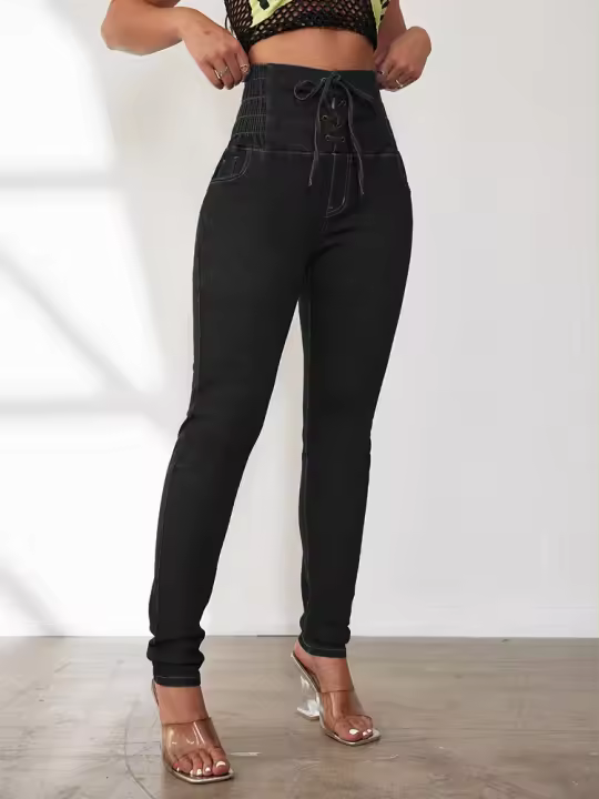 Pantalones sexys de cintura alta con cintura elástica y glúteos para mujer, con cordones y vaqueros con patas pequeñas - 1