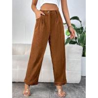 Pantalones de pana de cintura alta para mujer, pantalones sueltos de moda, pantalones lisos de pierna recta para - details 4