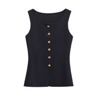 - Blusa de punto sin mangas con cuello redondo para mujer a la moda con una hilera de botones, chaleco básico para mujer, camisas, blusas, - details 1