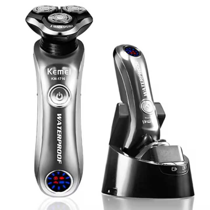 Kemei-afeitadora rotativa para hombre, máquina de afeitar eléctrica en seco y húmedo con sistema de limpieza inteligente, recargable, lavable, Ipx6 - 1