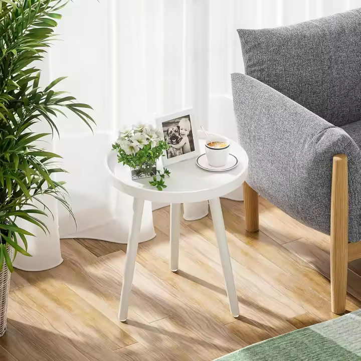 APICIZON Mesa Auxiliar, pequeña Mesa de Centro Redonda, Mesa de salón con Patas de Madera Maciza, Estilo escandinavo, Postre para salón, Dormitorio, balcón, 38 x 45 cm, Blanco - 1