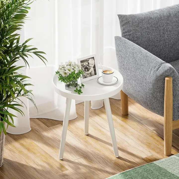 APICIZON Mesa Auxiliar, pequeña Mesa de Centro Redonda, Mesa de salón con Patas de Madera Maciza, Estilo escandinavo, Postre para salón, Dormitorio, balcón, 38 x 45 cm, Blanco - 1