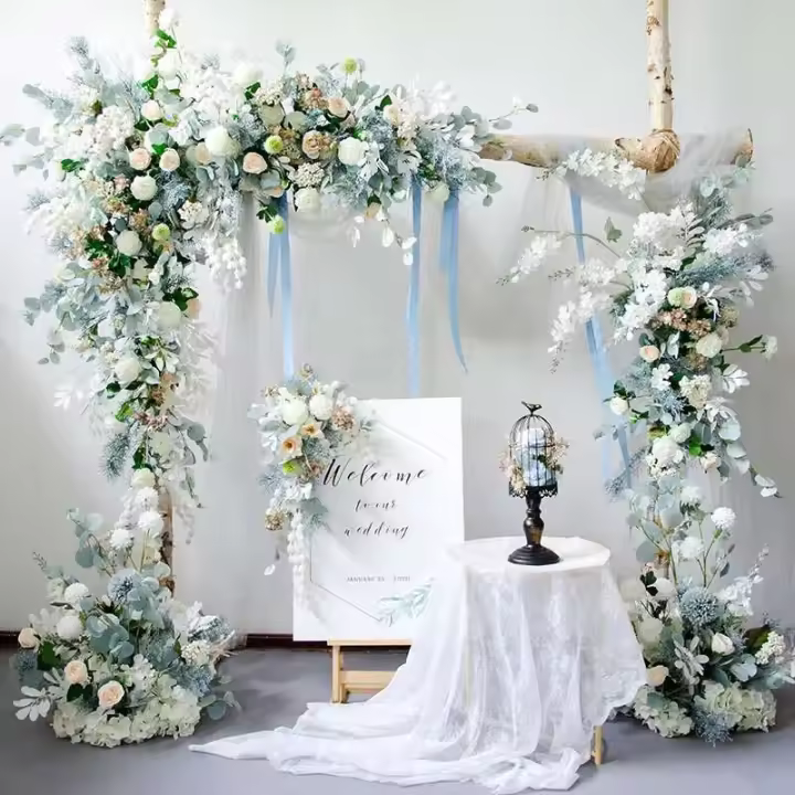 Decoración al por mayor de fábrica con flores, arco de flores de seda azul para telón de fondo de boda - 1