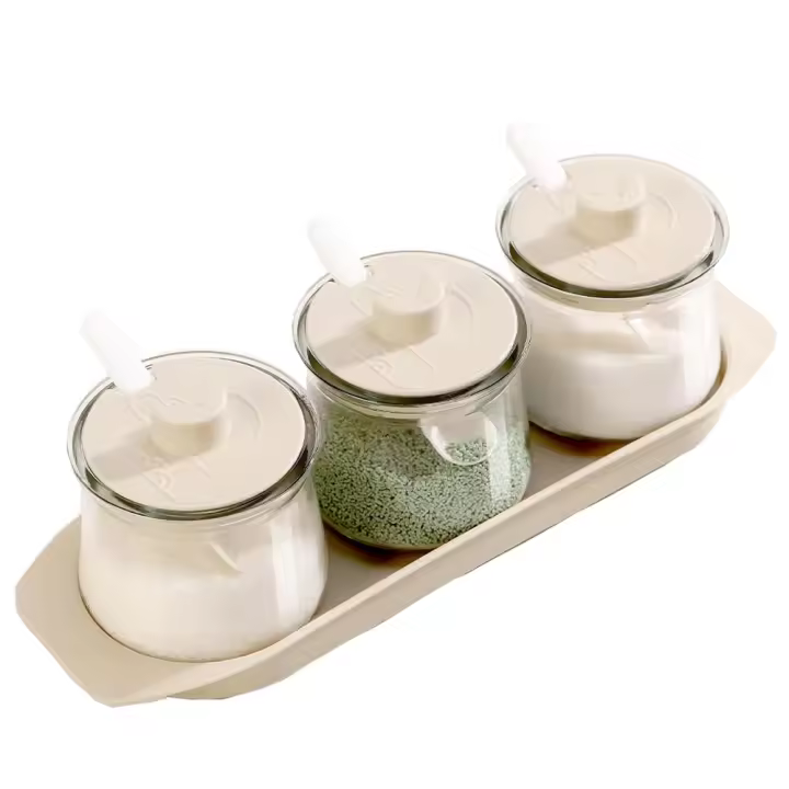 Juego de recipientes para sal y azúcar, 3 elegantes y sencillos tarros de especias de vidrio transparente con cuchara |   Tarro de especias de 10 oz Contenedor de especias para ensaladas, encimeras de cocina de cafetería - 1