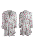 Vestido mini vintage de verano para mujer, de manga larga, con estampado floral, volantes, cuello en V, cintura alta y corte en A. - details 4