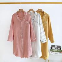 Ropa de dormir de algodón para mujer, camisón de manga larga, albornoz de talla grande, camisa para dormir con botones a rayas, vestidos de noche, ropa de descanso, bata de baño - details 6
