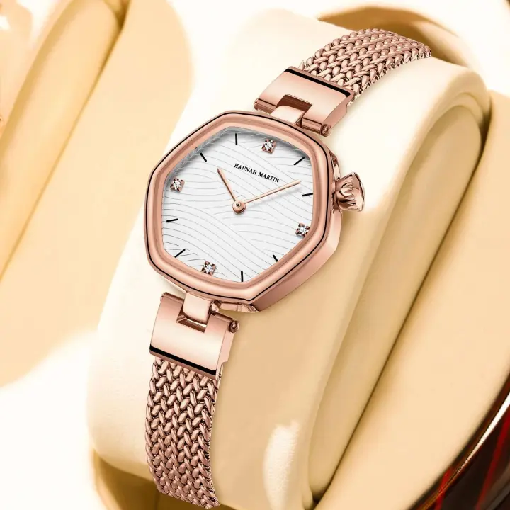 Relojes de lujo premium Hannah Martin de la mejor marca para mujer, malla de acero inoxidable con reloj de oro rosa blanco, relojes originales con movimiento de cuarzo japonés - 1
