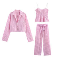 Nueva Moda Primavera OUWU Conjunto de Camisa de Manga Larga y Pantalones de Popelina a Rayas para Mujer con Cinturón - details 3