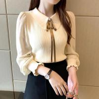 2025 otoño mujer gasa Patchwork suéter manga linterna cuello vuelto jersey con botones mujer Oficina señora suéter invierno - details 0