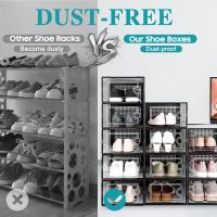 Cajas para organizar zapatos, 12 contenedores de almacenamiento apilables de plástico transparente con tapas, para armario, bajo cama, entrada, frontal abatible, apto hasta 41 de mujer, negro - details 2