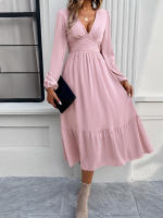 Vestido largo elegante de color sólido con cuello en V para otoño e invierno - details 17
