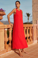 2025 Primavera/Novedad de verano moda Casual sin mangas cuello redondo Color sólido empalme encaje Split vestido de longitud media para mujeres - details 6