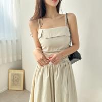 Vestido de tirantes de verano para mujer, falda acampanada plisada de cintura alta, vestido largo coreano Sle Pure Desire, cuello cuadrado, viaje dividido - details 6