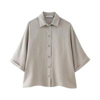 - Conjunto de dos piezas para mujer, tres piezas informales de color caqui sólido, camisa holgada, pantalones de pierna recta de sarga - details 2