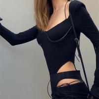 BUNO-2023 primavera novedad de verano Body de mujer de manga larga ajustado Sexy negro mamelucos femeninos Y2K High Street Casual Rave Clubwear monos - details 4