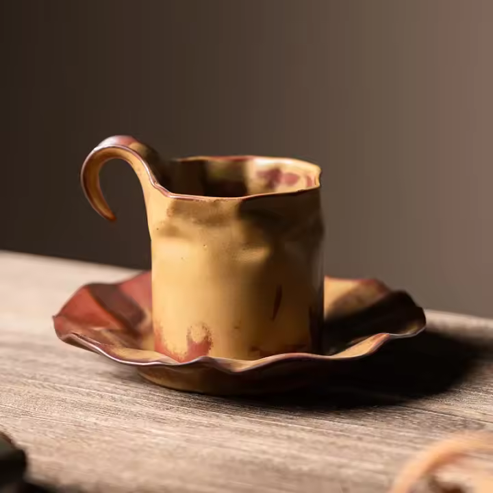 Juego de Taza de Café de Cerámica Plisada de Lujo Ligero Japonés con Platillo Taza de Café de Forma Exquisita Creativa - 1