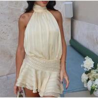 Vestido Mini de Cintura Alta con Mangas Afloradas Estilo Elegante de Una sola Brecha para Mujeres - details 13