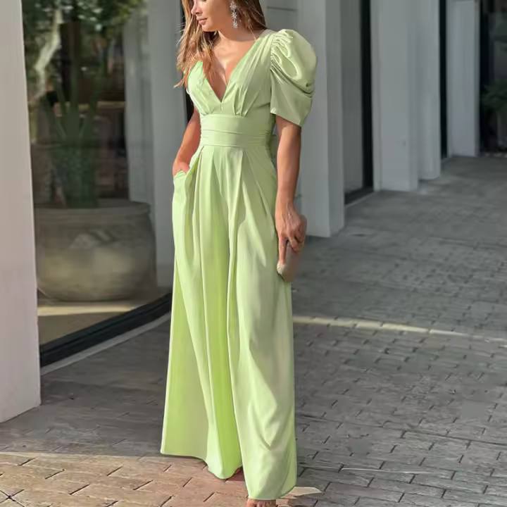 Cintura alta de mujer elegante, cuello en V, O, estilo oficina, liso, verano - 1