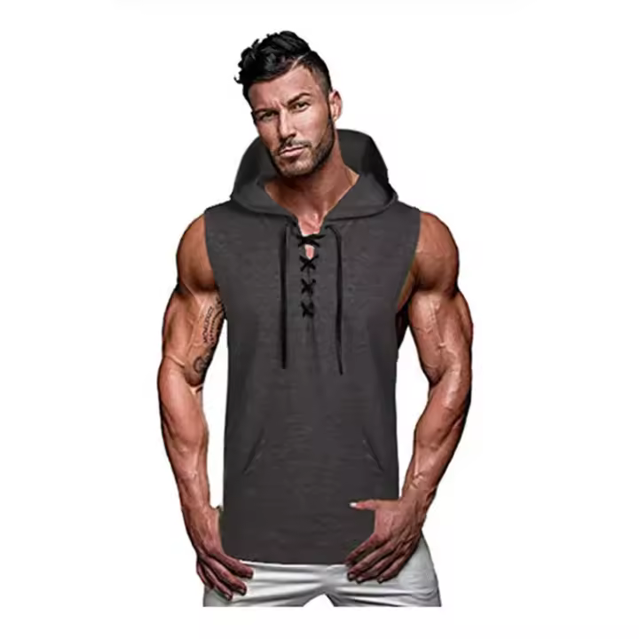 Nueva Camiseta Sin Mangas para Hombre 2025 Chaleco Informal de Encaje Liso con Capucha - 1