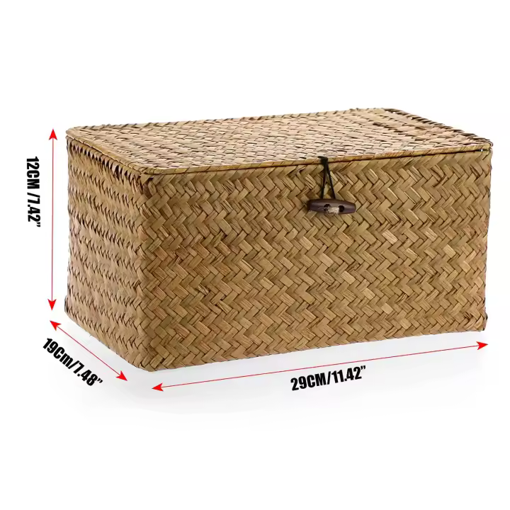 Cesta de estante de almacenamiento hecha a mano con tapa, organizador de maquillaje tejido de ratán Rectangular, contenedor multiusos, caja Natural - 1