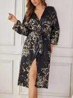 Conjunto de traje casual floral de satén de seda, bata con cinturilla, pijama, conjunto de ropa de dormir de dos piezas para todas las estaciones - details 13